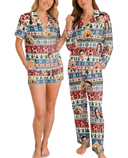 Personalized Christmas Reindeer Pajamas for Women – Custom Face & Pet Photo Fair Isle Print