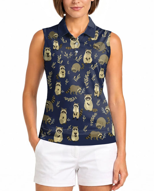 Raccoon Pattern Sleeveless Polo Shirt for Women, Cute Wildlife Style | Azhawaiian