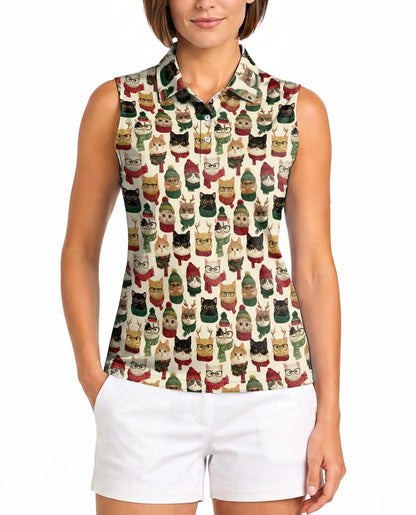 Christmas Cat Pattern Sleeveless Polo Shirt for Women | Azhawaiian