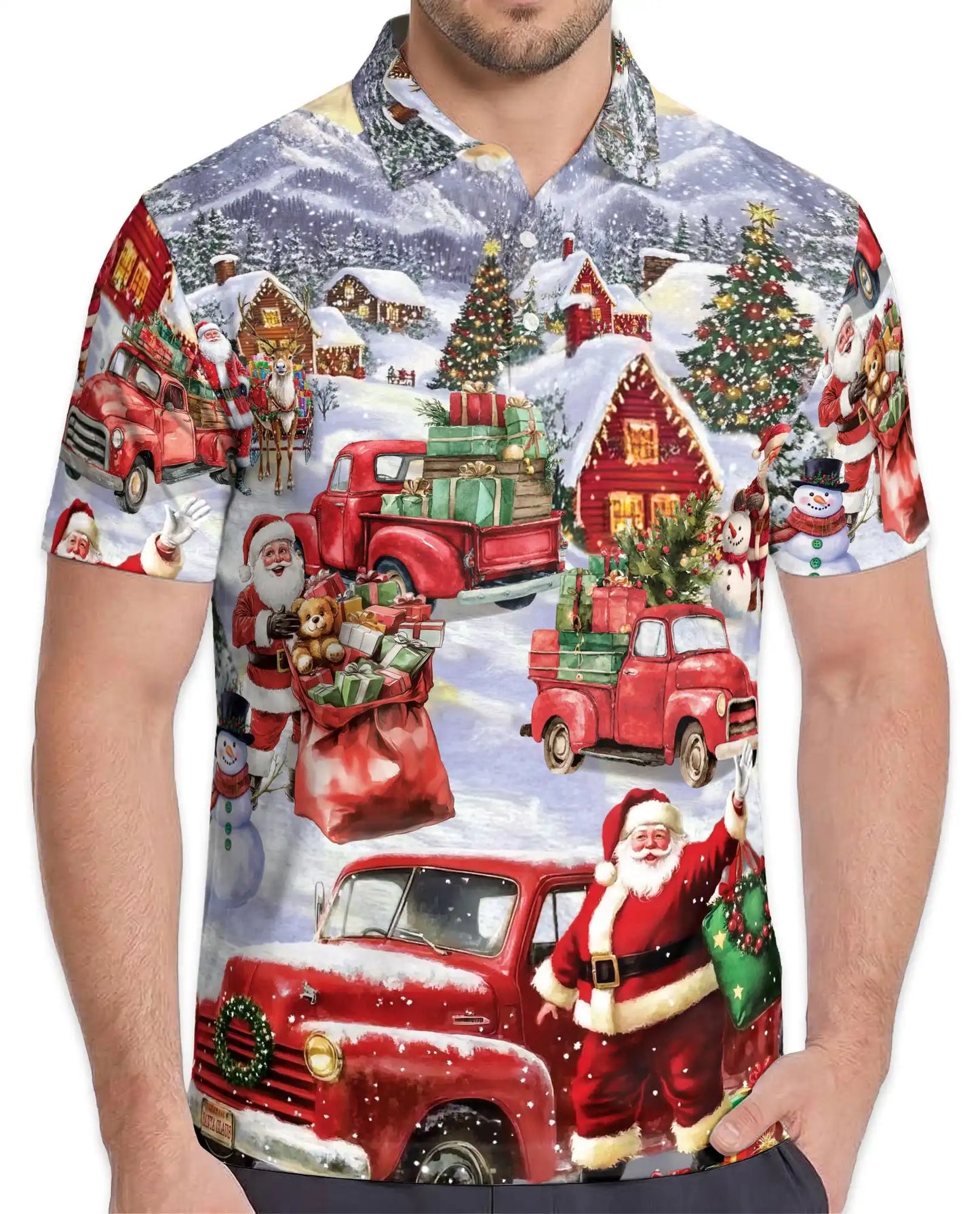 Vintage Christmas Truck 3D Polo Shirt for Men, Santa Holiday Village Style | Azhawaiian