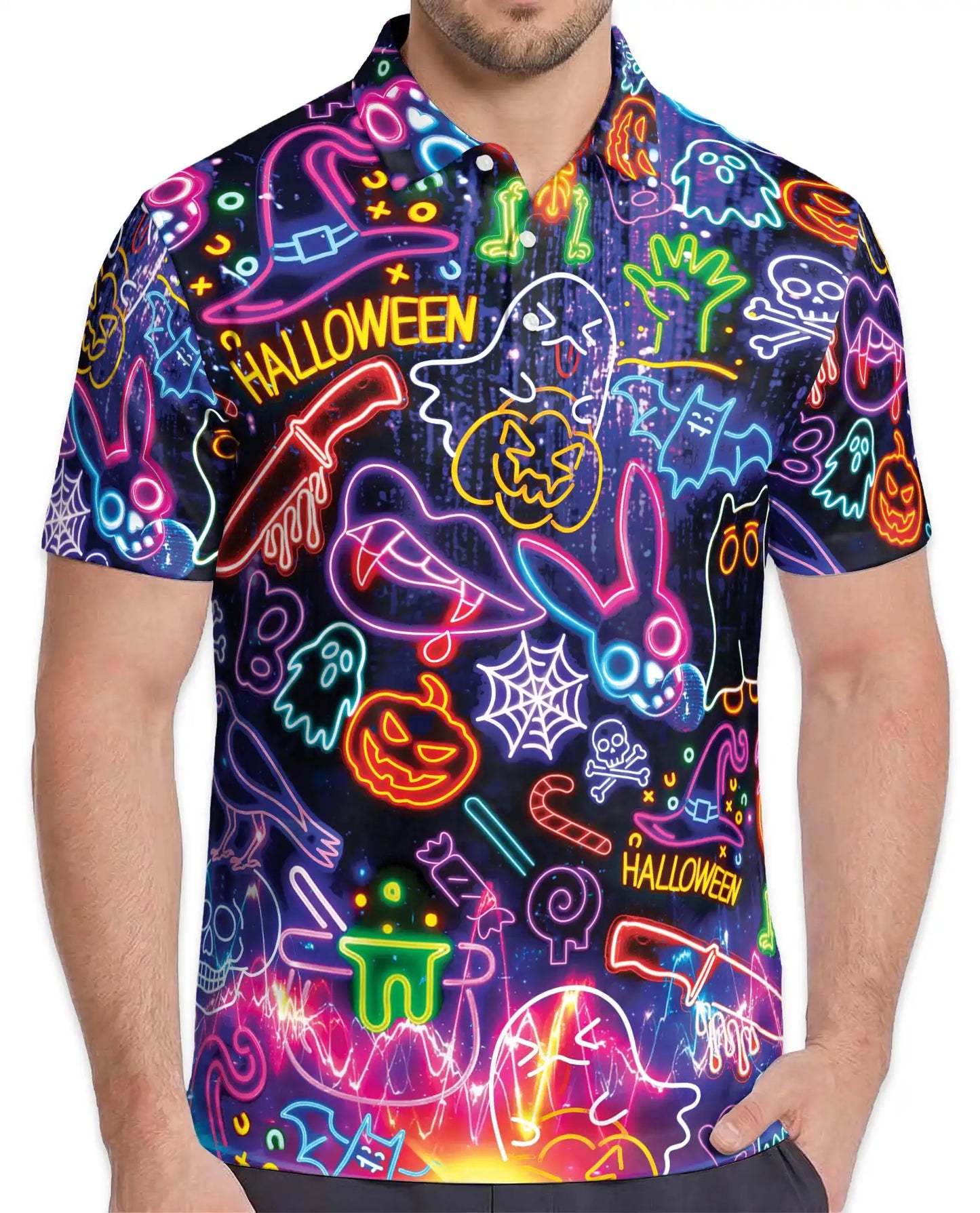 Halloween Neon Polo Shirt for Men, Glow in the Dark Party Style | Azhawaiian