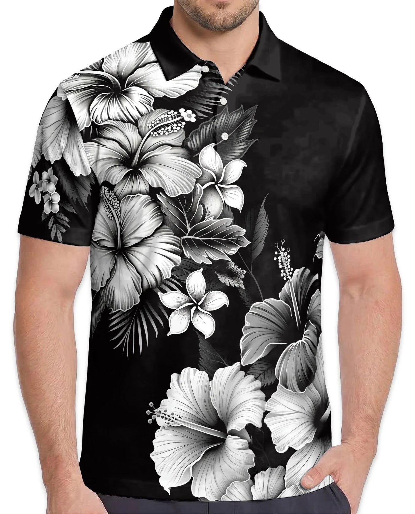 Black White Hibiscus Polynesian Polo Shirt for Men, Tribal Island Style | Azhawaiian