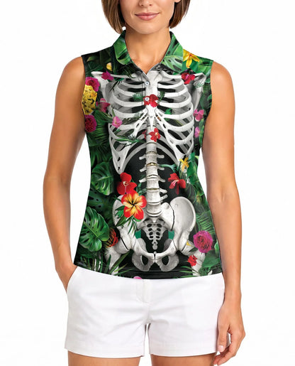 Tropical Floral Skeleton Print Sleeveless Polo Shirt for Women | Azhawaiian