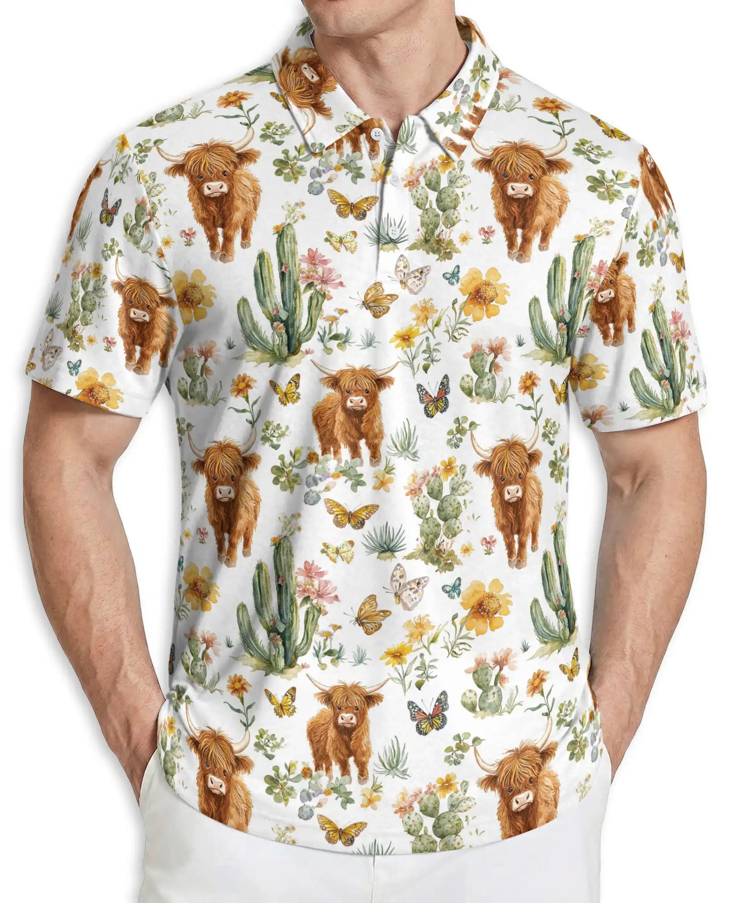 Highland Cow Cactus Polo Shirt, Cute Western Style | Azhawaiian
