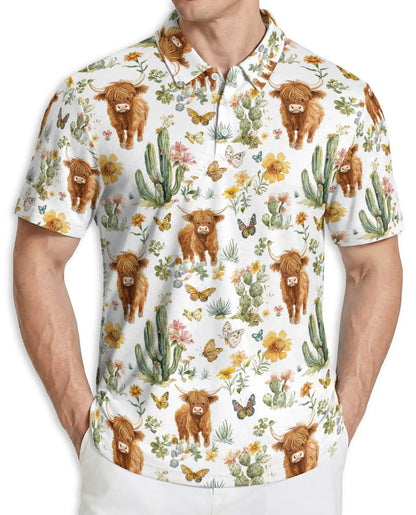 Highland Cow Cactus Polo Shirt, Cute Western Style | Azhawaiian