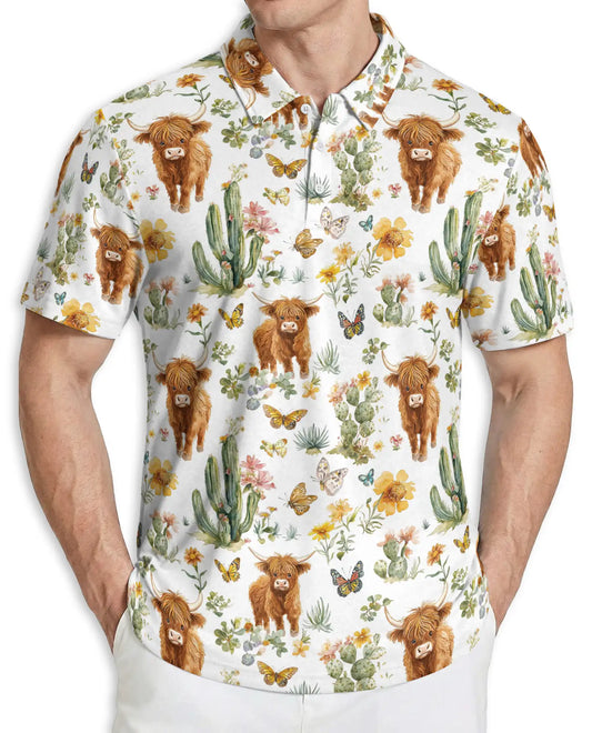 Highland Cow Cactus Polo Shirt, Cute Western Style