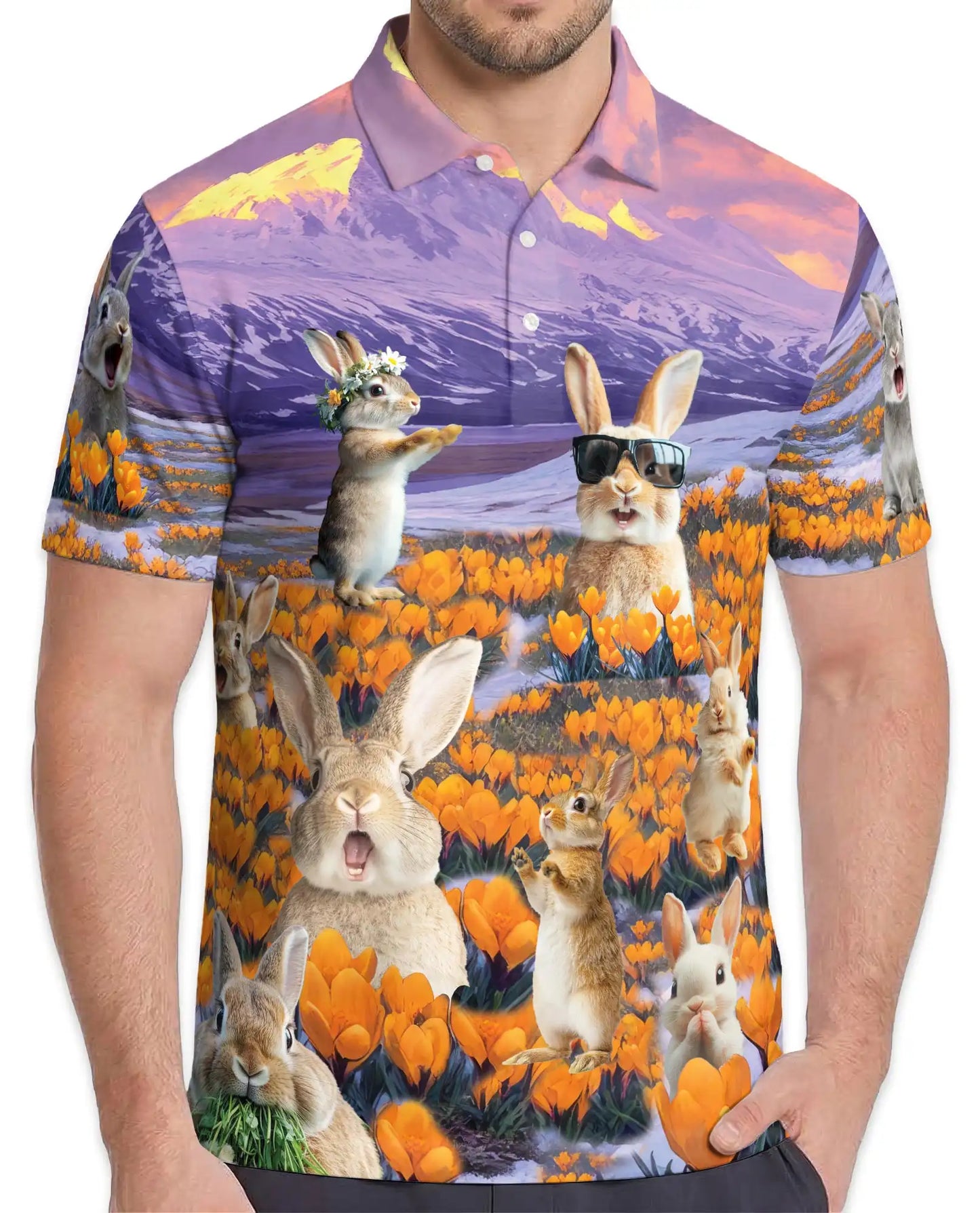 Rabbit Flower Field Polo Shirt, Cute Spring Style | Azhawaiian