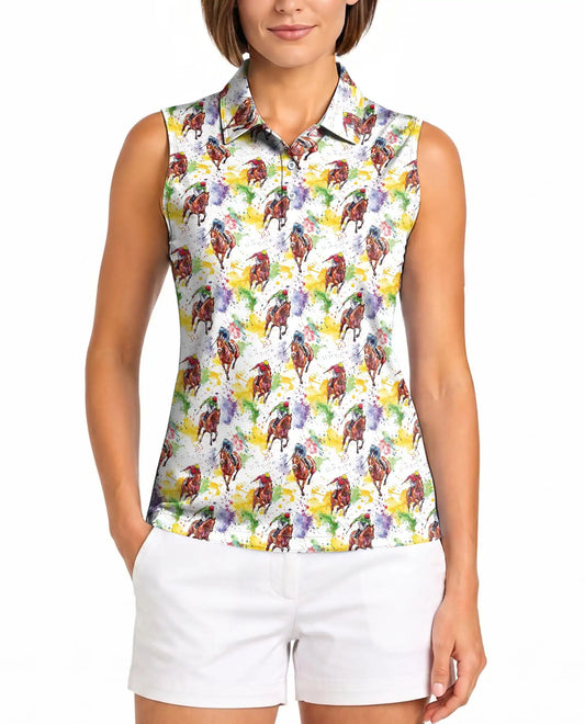 Horse Racing Pattern Sleeveless Polo Shirt for Women, Equestrian Sport Style | Azhawaiian