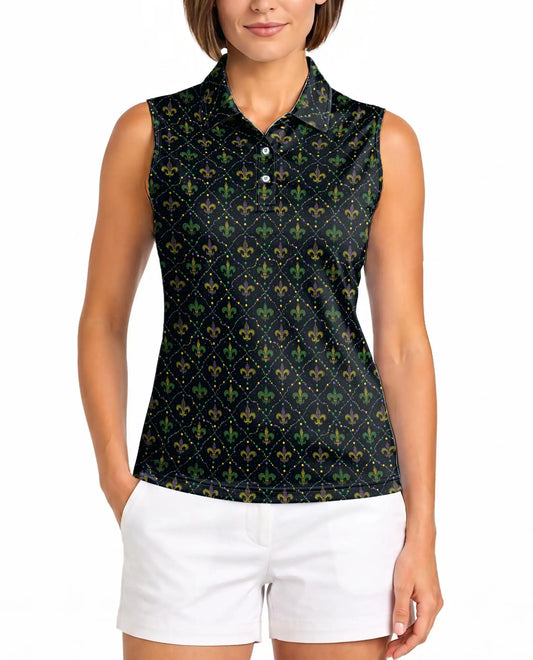 Fleur-de-lis Purple Green Sleeveless Polo Shirt for Women | Azhawaiian