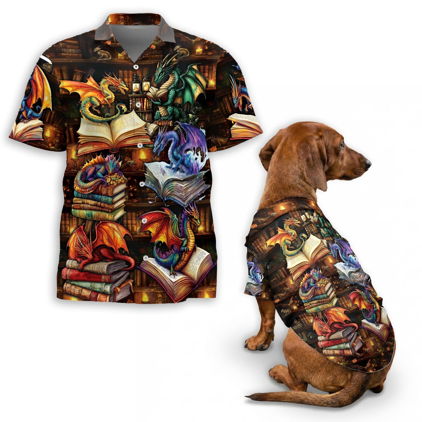 Dragon Book Matching Dog Owner Hawaiian Shirts, Funny Pet Aloha Shirt for Beach Vacation - Azhawaiian
