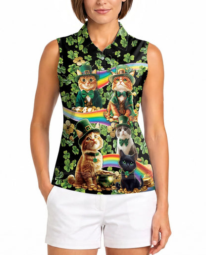 Saint Patrick's Day Cats Shamrocks Sleeveless Polo Shirt for Women | Azhawaiian
