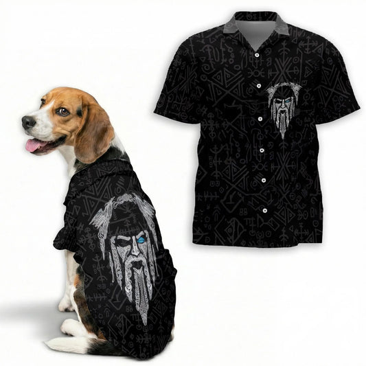 Vintage Viking Odin Fenrir Tattoo Print Matching Dog Owner Hawaiian Shirts, Funny Pet Aloha Shirt for Beach Vacation - Azhawaiian