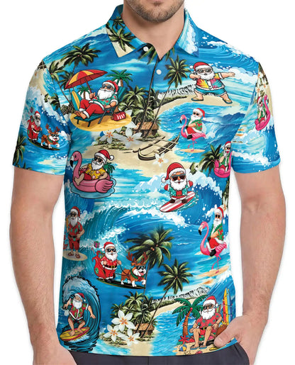 Tropical Santa Beach Christmas Polo Shirt for Men-Surfing Santa Hawaiian | Azhawaiian