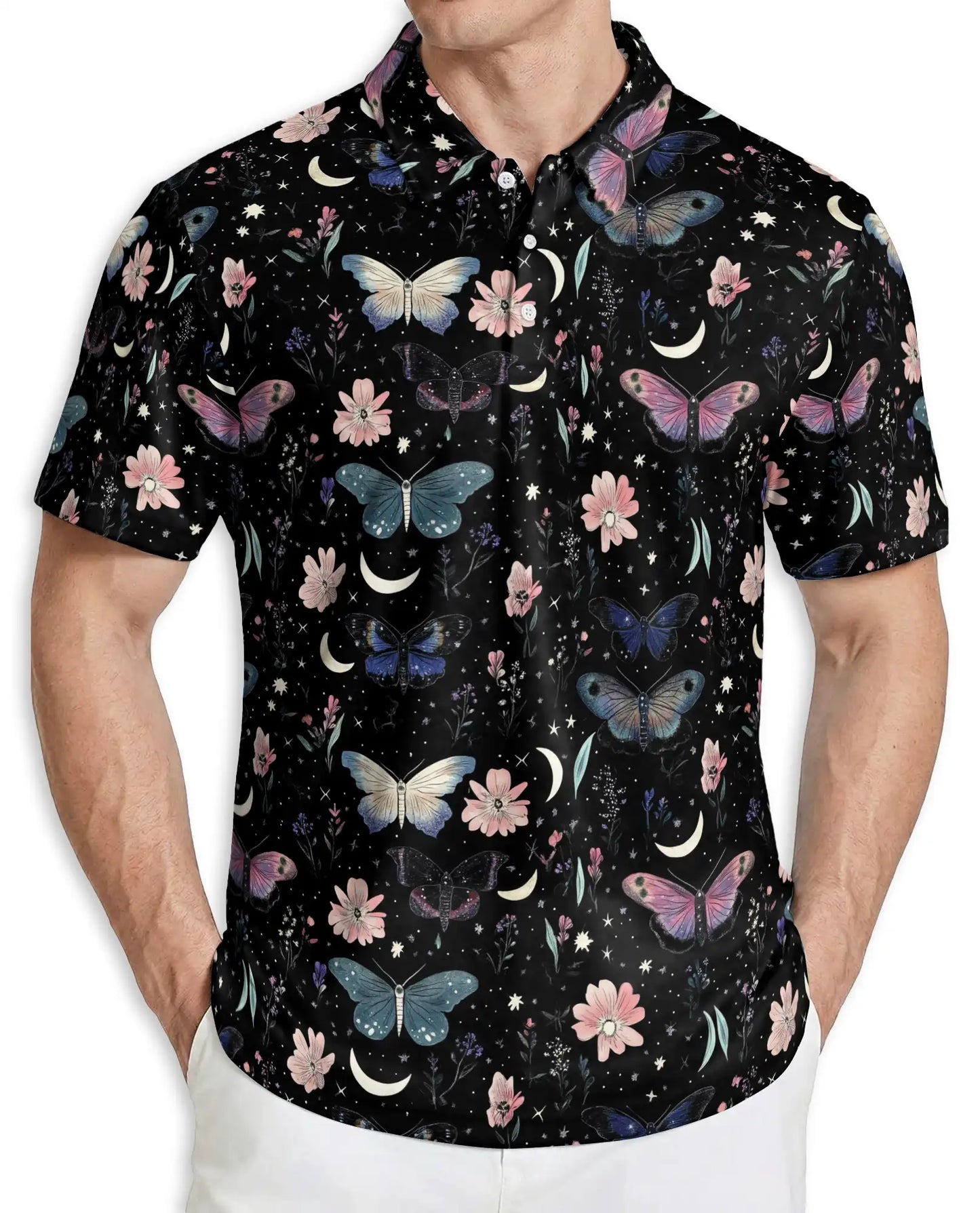 Butterfly Night Sky Polo Shirt, Moon & Floral Style | Azhawaiian