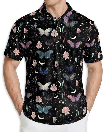 Butterfly Night Sky Polo Shirt, Moon & Floral Style | Azhawaiian