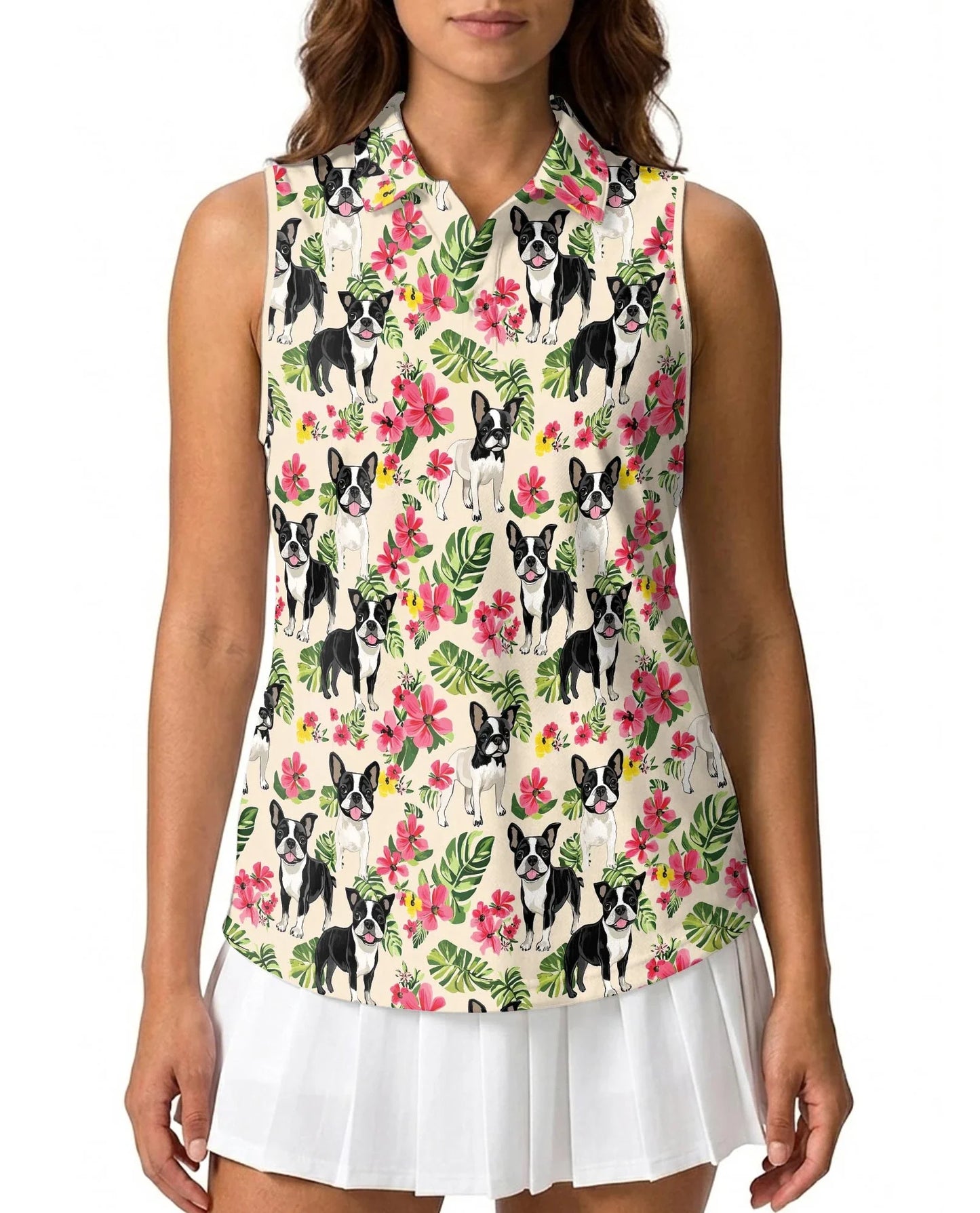 Boston Terrier Floral Sleeveless Polo Shirt for Women, Cute Dog Style | Azhawaiian