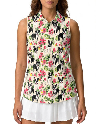 Boston Terrier Floral Sleeveless Polo Shirt for Women, Cute Dog Style | Azhawaiian