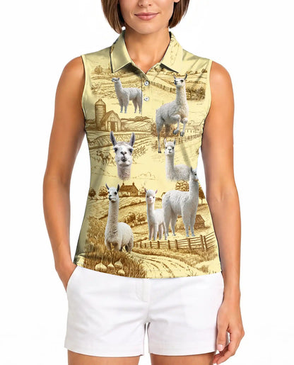Llama Lovers Farm Sleeveless Polo Shirt for Women, Cute Farm Animal Style | Azhawaiian
