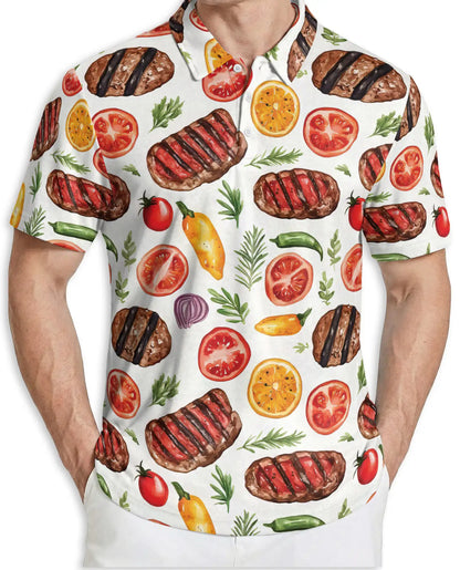 Grilled Steak Food 3D Polo Shirt for Men, BBQ Kitchen Lover Style | Azhawaiian