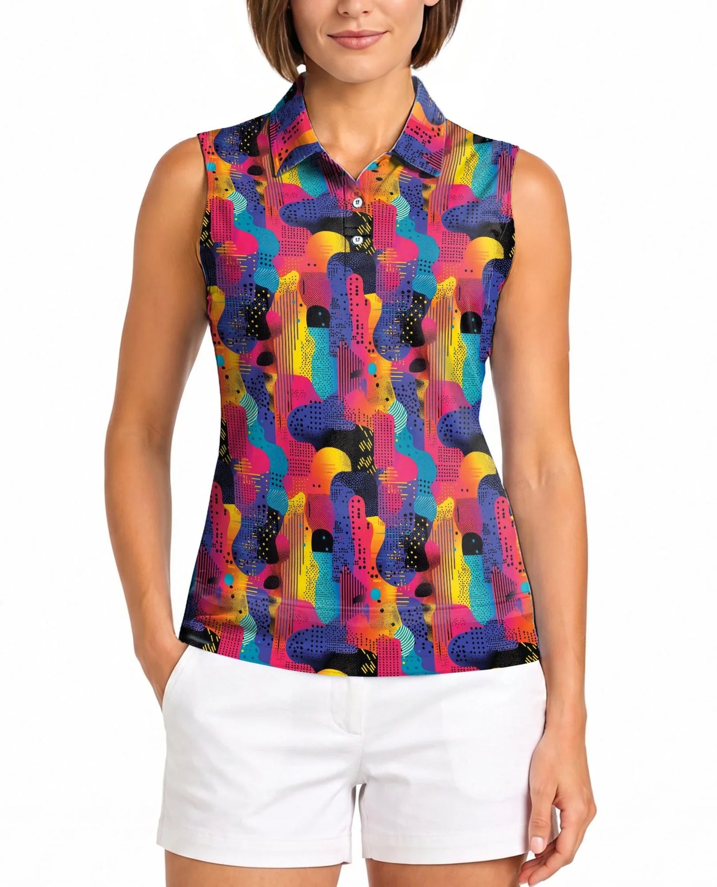 80s Memphis Pattern Sleeveless Polo Shirt for Women | Azhawaiian