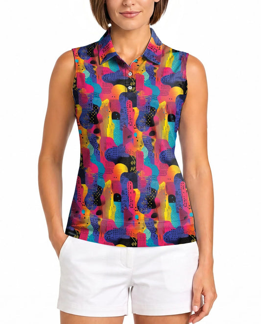 80s Memphis Pattern Sleeveless Polo Shirt for Women | Azhawaiian