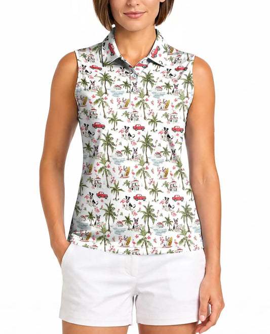 Boston Terrier Tropical Pattern Sleeveless Polo Shirt for Women | Azhawaiian