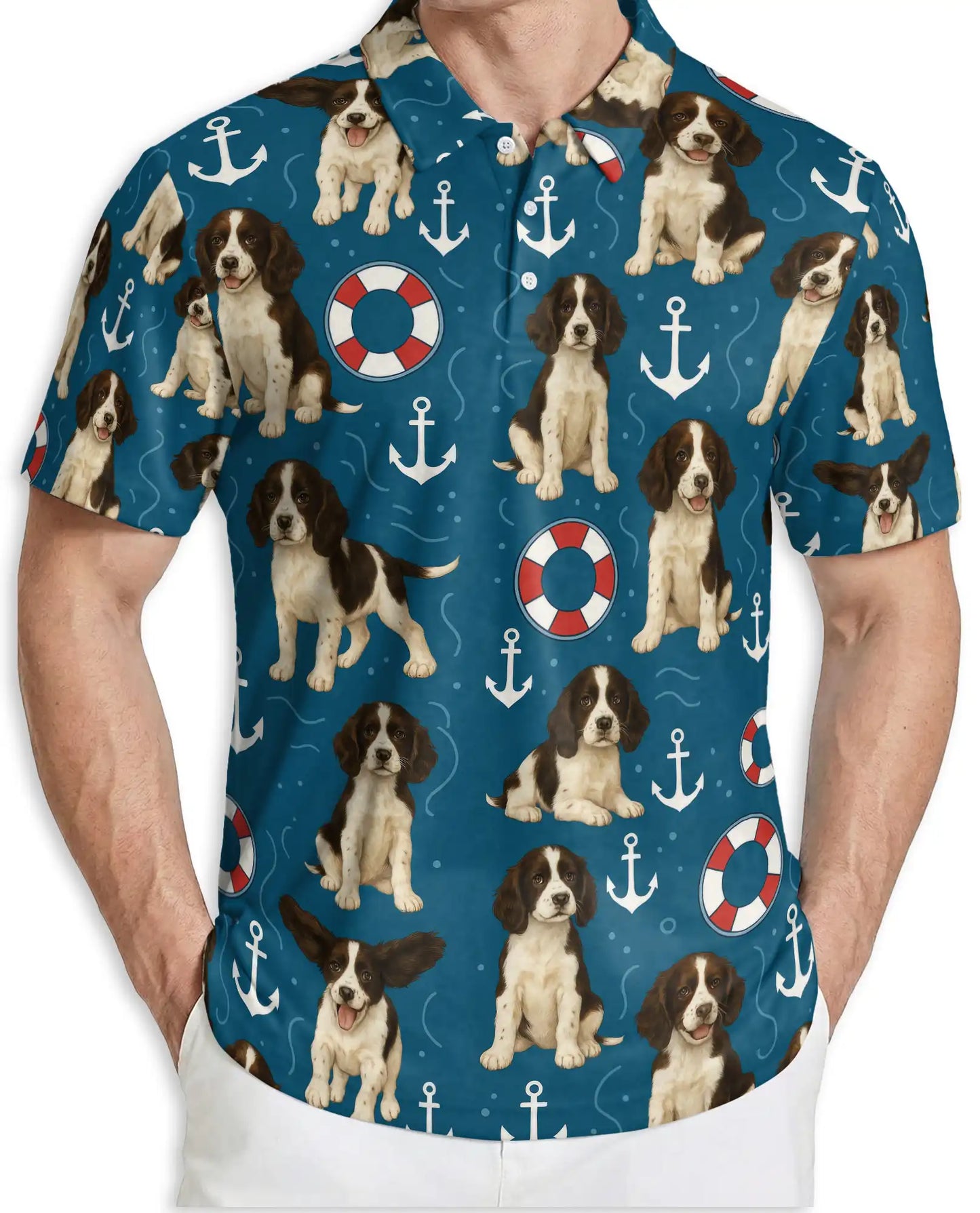 Springer Spaniel Nautical Polo Shirt, Coastal Dog Print | Azhawaiian
