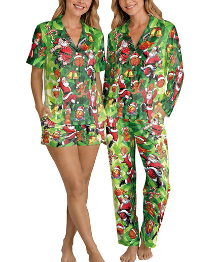 Basketball Santa Christmas Pajama Set for Women – Green Geometric Print