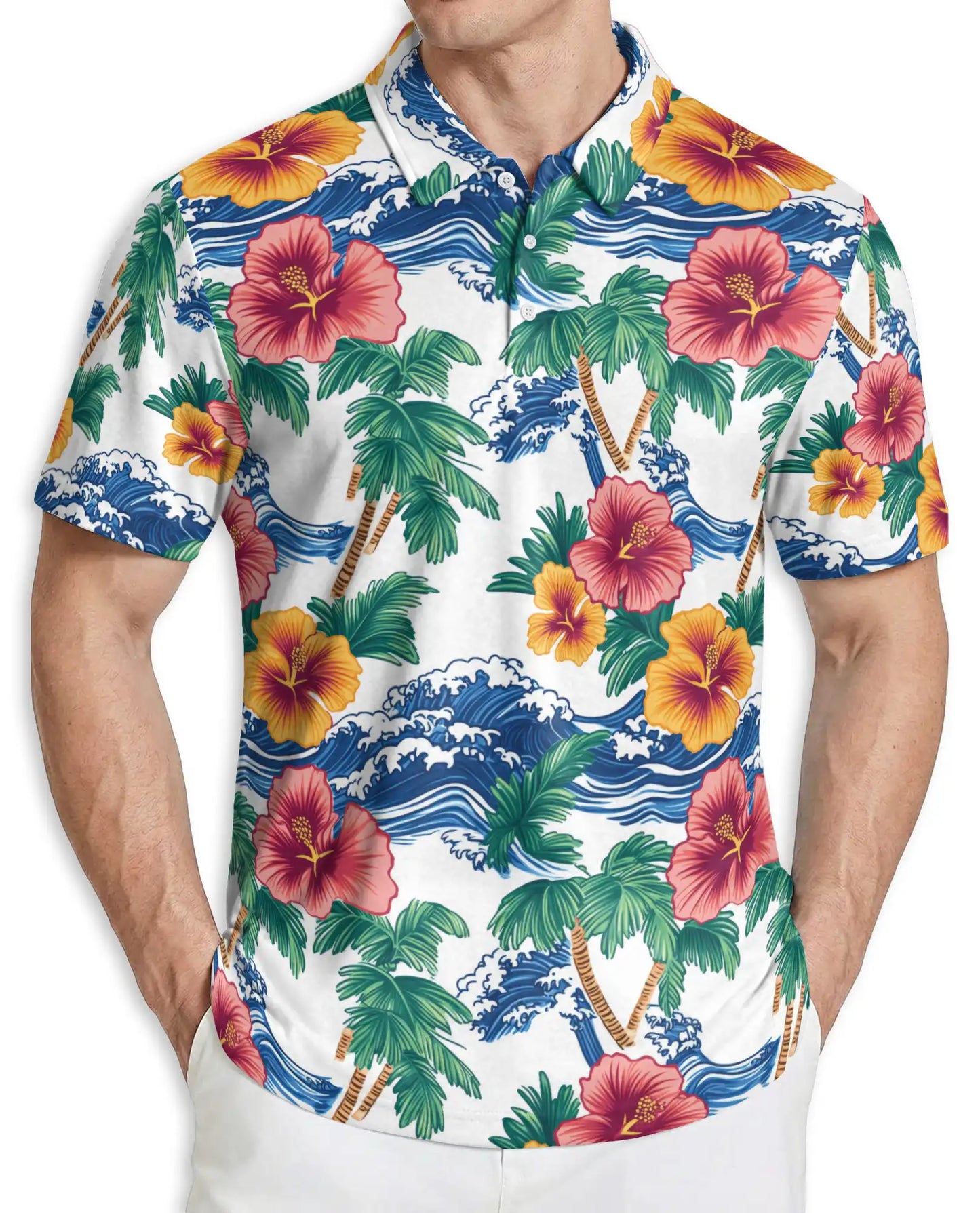 Hawaiian Polo Shirt, Palm Tree Wave Hibiscus Print | Azhawaiian