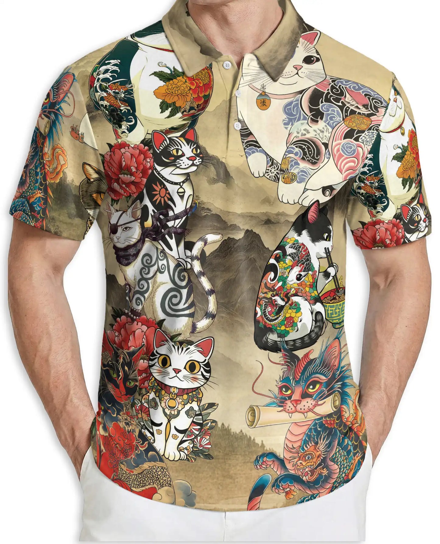 Japanese Tattoo Cat 3D Polo Shirt for Men, Asian Dragon Art Style | Azhawaiian
