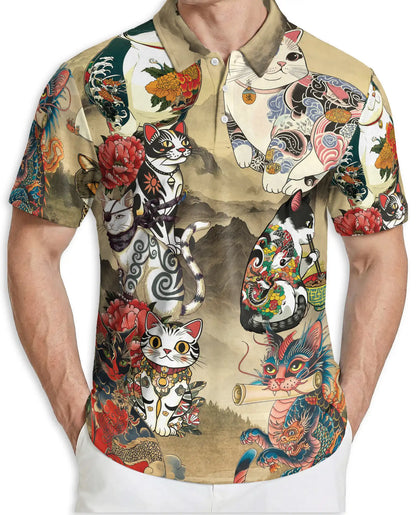 Japanese Tattoo Cat 3D Polo Shirt for Men, Asian Dragon Art Style | Azhawaiian
