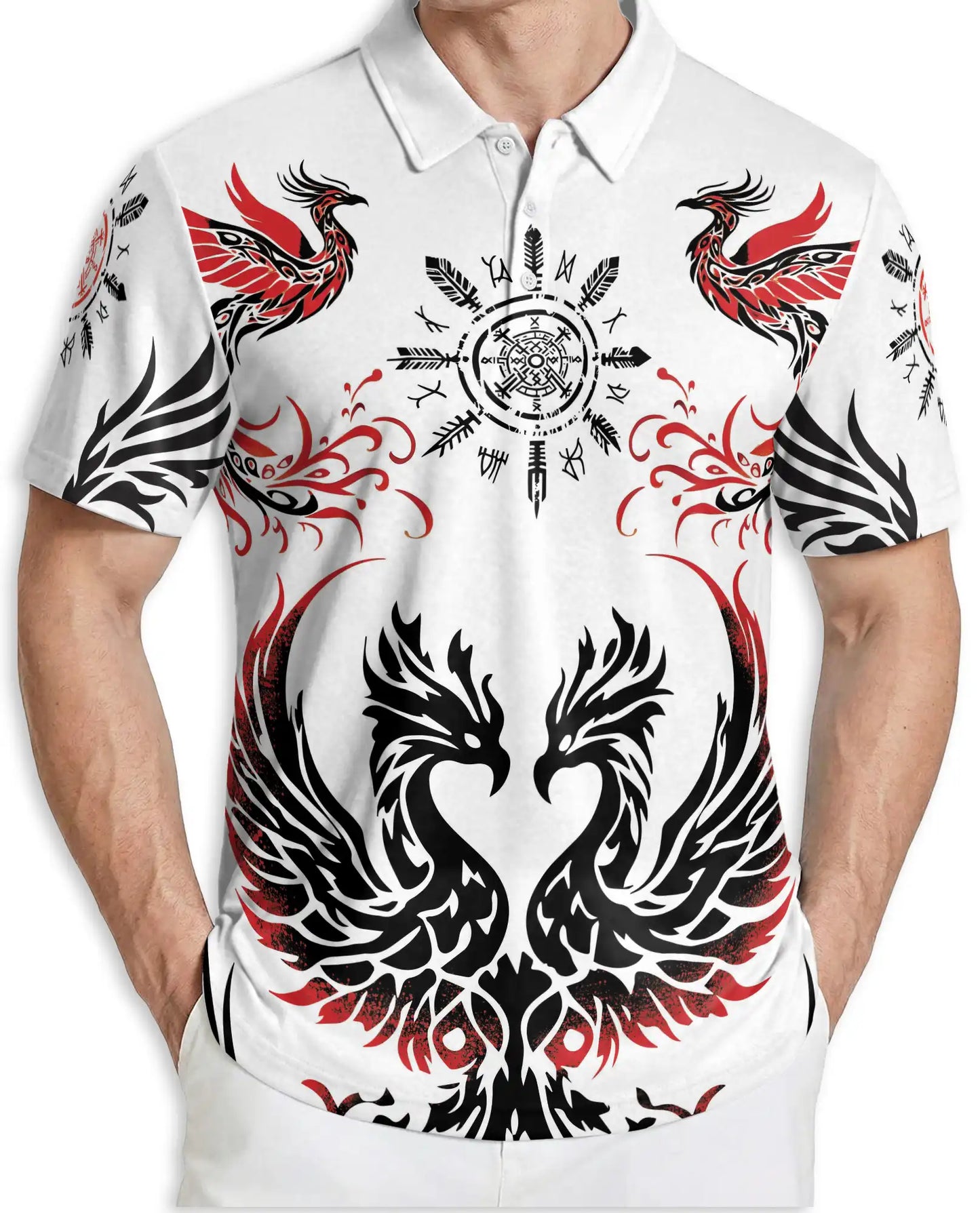 Phoenix Tribal 3D Polo Shirt for Men, Nordic Raven Symbol Style | Azhawaiian