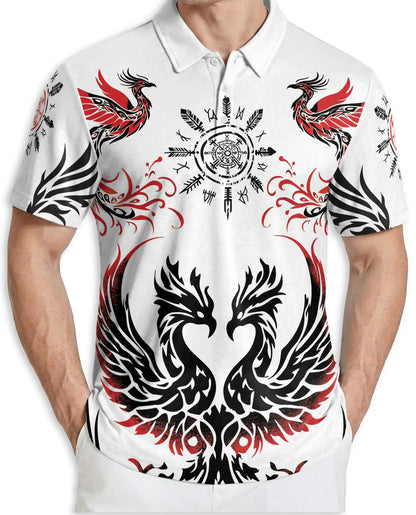 Phoenix Tribal 3D Polo Shirt for Men, Nordic Raven Symbol Style | Azhawaiian