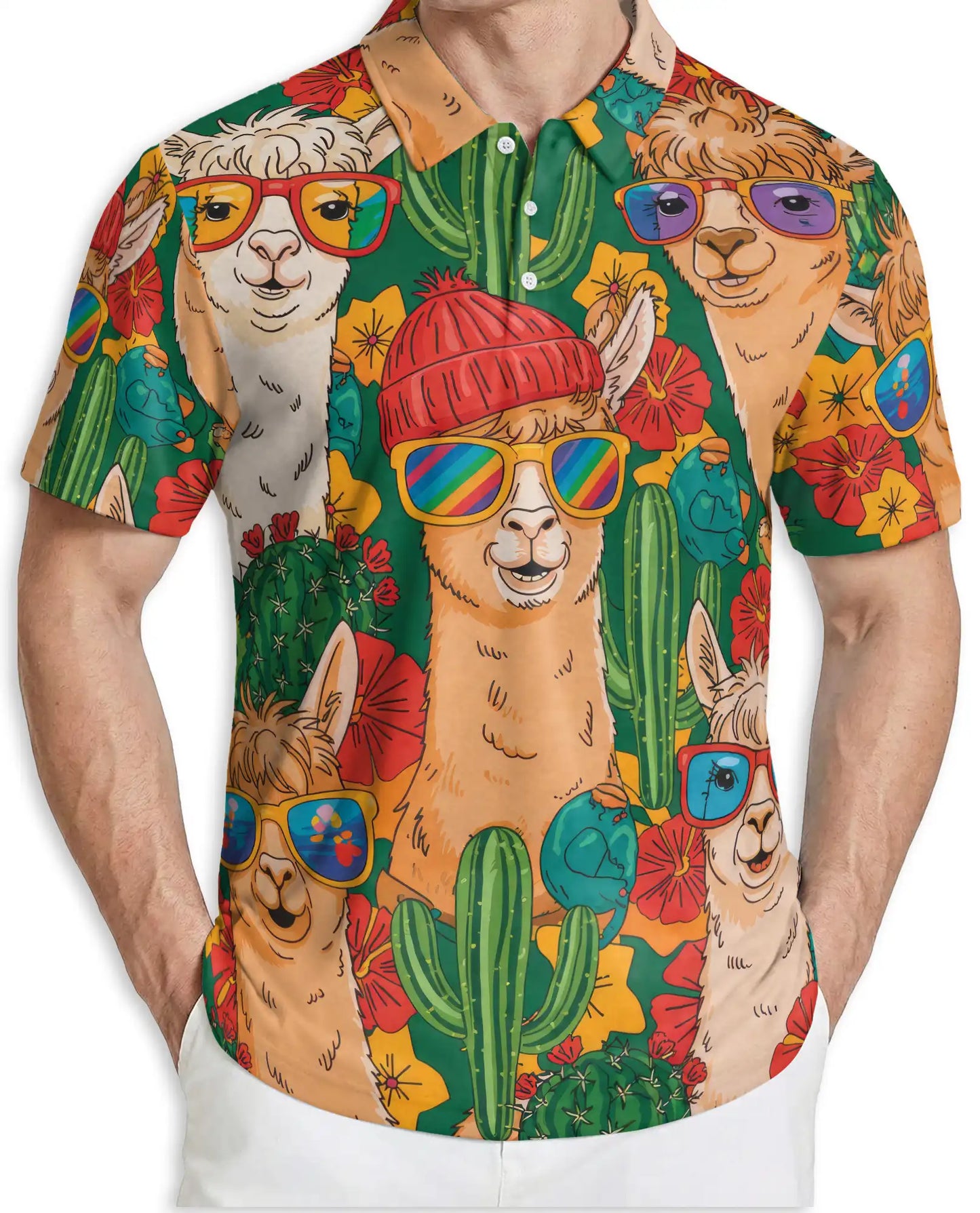 Funny Llama Cactus 3D Polo Shirt for Men, Desert Animal Style | Azhawaiian