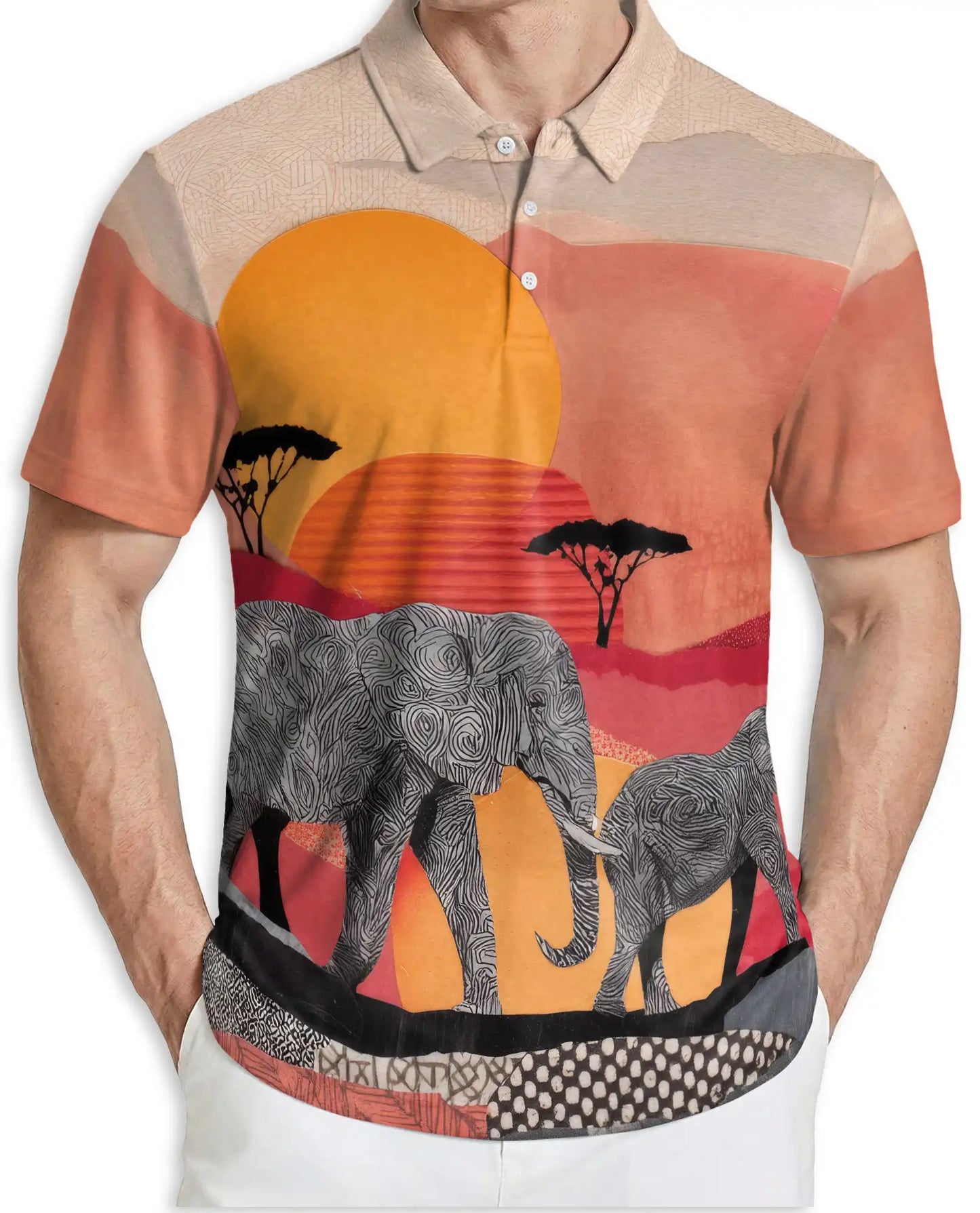 African Elephant Polo Shirt, Safari Sunset Wildlife Print | Azhawaiian