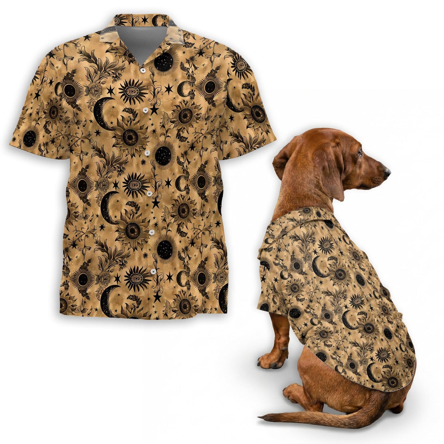 Mystic Moon and Sun Matching Dog Owner Hawaiian Shirts, Funny Pet Aloha Shirt for Beach Vacation - Azhawaiian