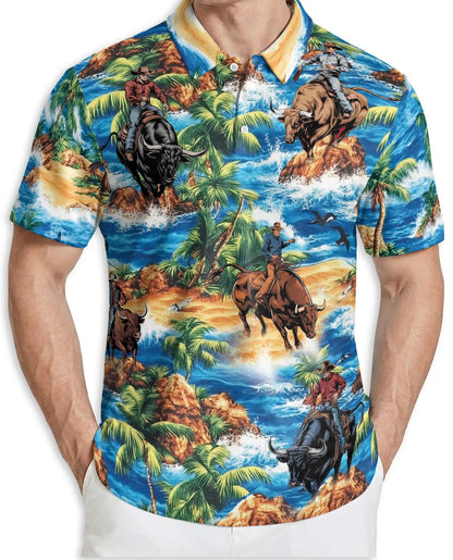 Cowboy Bull Riding 3D Polo Shirt for Men, Tropical Western Rodeo Style | Azhawaiian