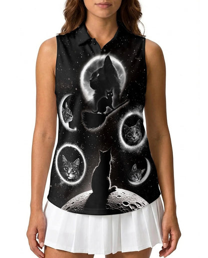 Black Cat Moonlight Sleeveless Polo Shirt for Women