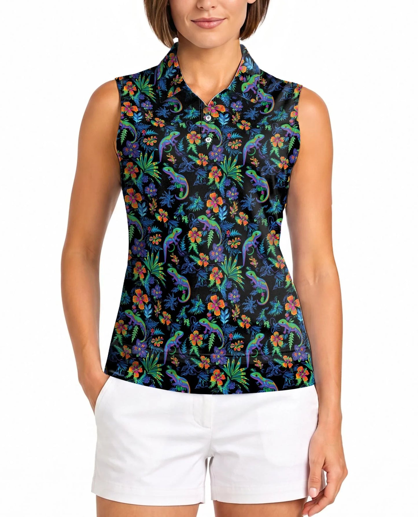 Colorful Gecko Pattern Sleeveless Polo Shirt for Women | Azhawaiian