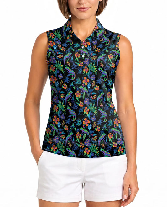 Colorful Gecko Pattern Sleeveless Polo Shirt for Women | Azhawaiian