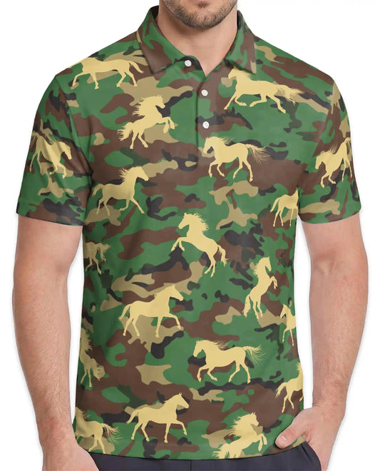 Camouflage Horse Polo Shirt, Military Camo Print