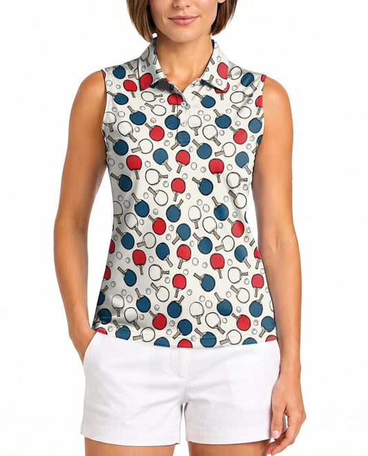 Ping Pong Pattern Sleeveless Polo Shirt for Women | Azhawaiian