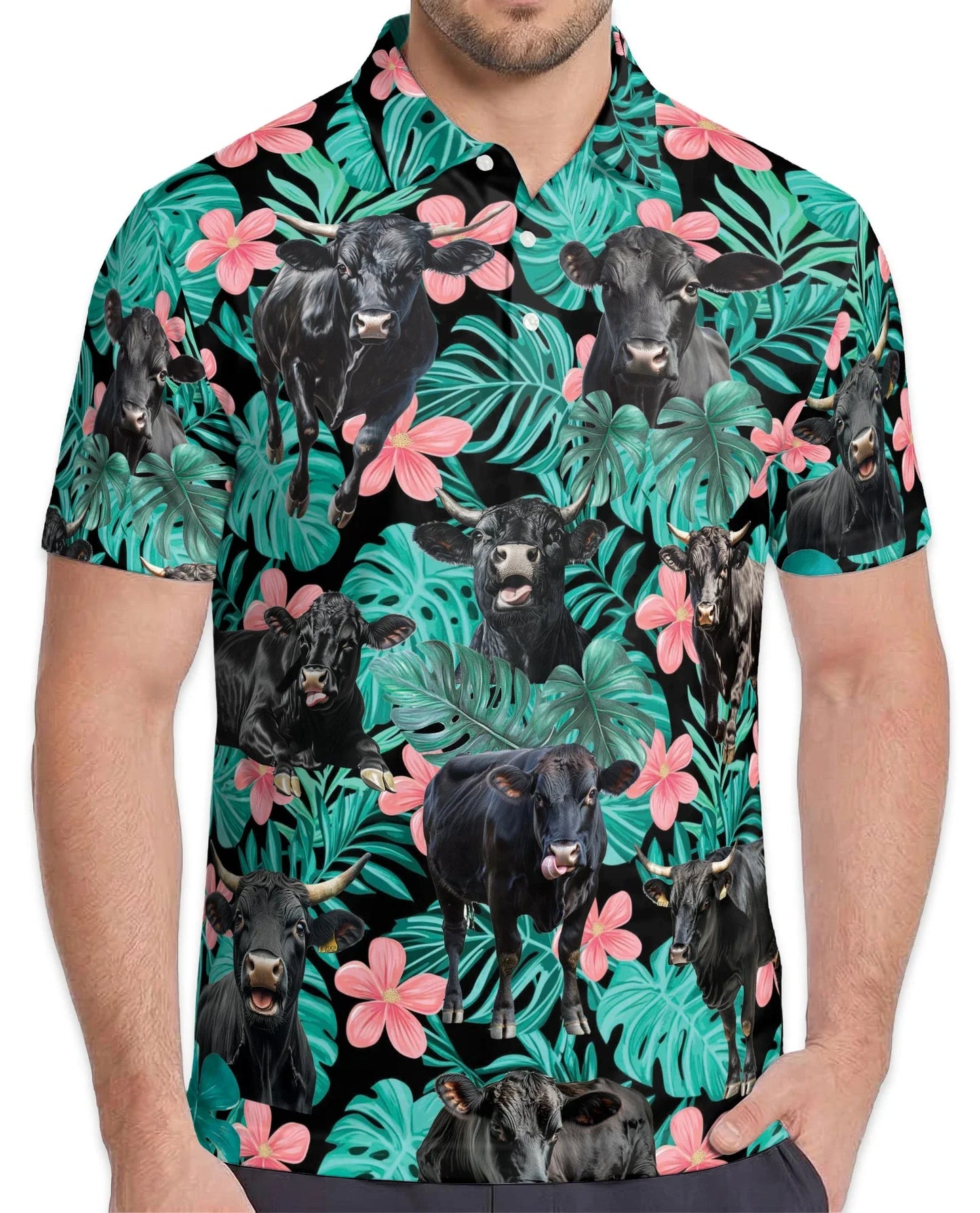 Tropical Black Cow Polo Shirt for Men, Farm Animal Lover Style | Azhawaiian