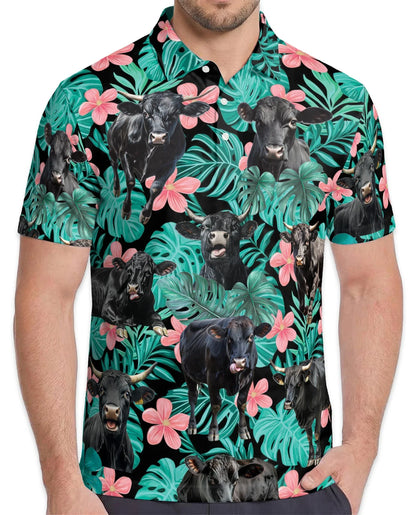 Tropical Black Cow Polo Shirt for Men, Farm Animal Lover Style | Azhawaiian