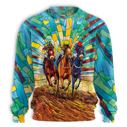 Faux Stained Glass Horse Jockey Sweatshirt – Colorful Graphic 3D All Over Print Design