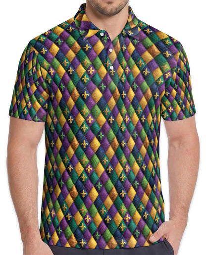 Mardi Gras Harlequin Diamond Hawaiian Polo Shirt for Men-Carnival Party Shirt | Azhawaiian