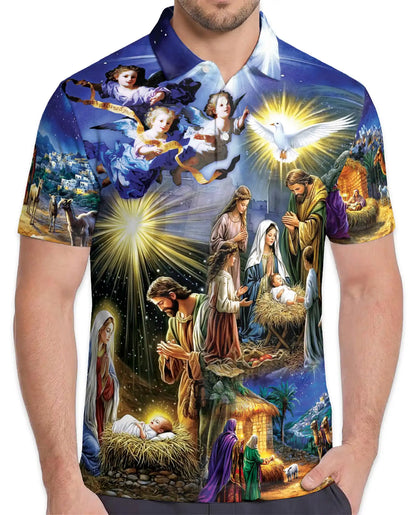 Nativity Christmas 3D Polo Shirt for Men, Religious Holiday Scene Style | Azhawaiian