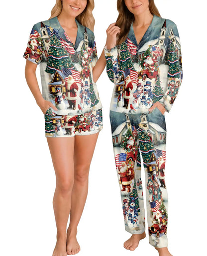 Patriotic Santa Christmas Pajama Set for Women – American Flag Print