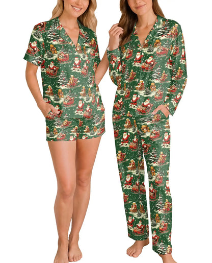 Vintage Santa and Teddy Bear Pajama Set for Women – Christmas Print