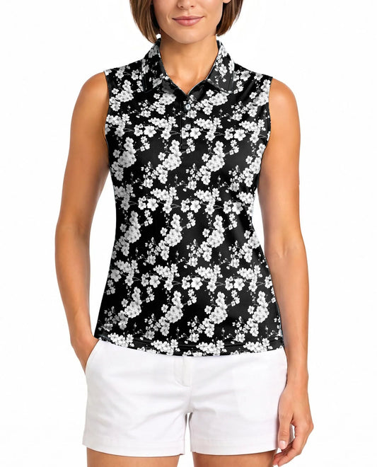 Black and White Floral Pattern Sleeveless Polo Shirt for Women | Azhawaiian